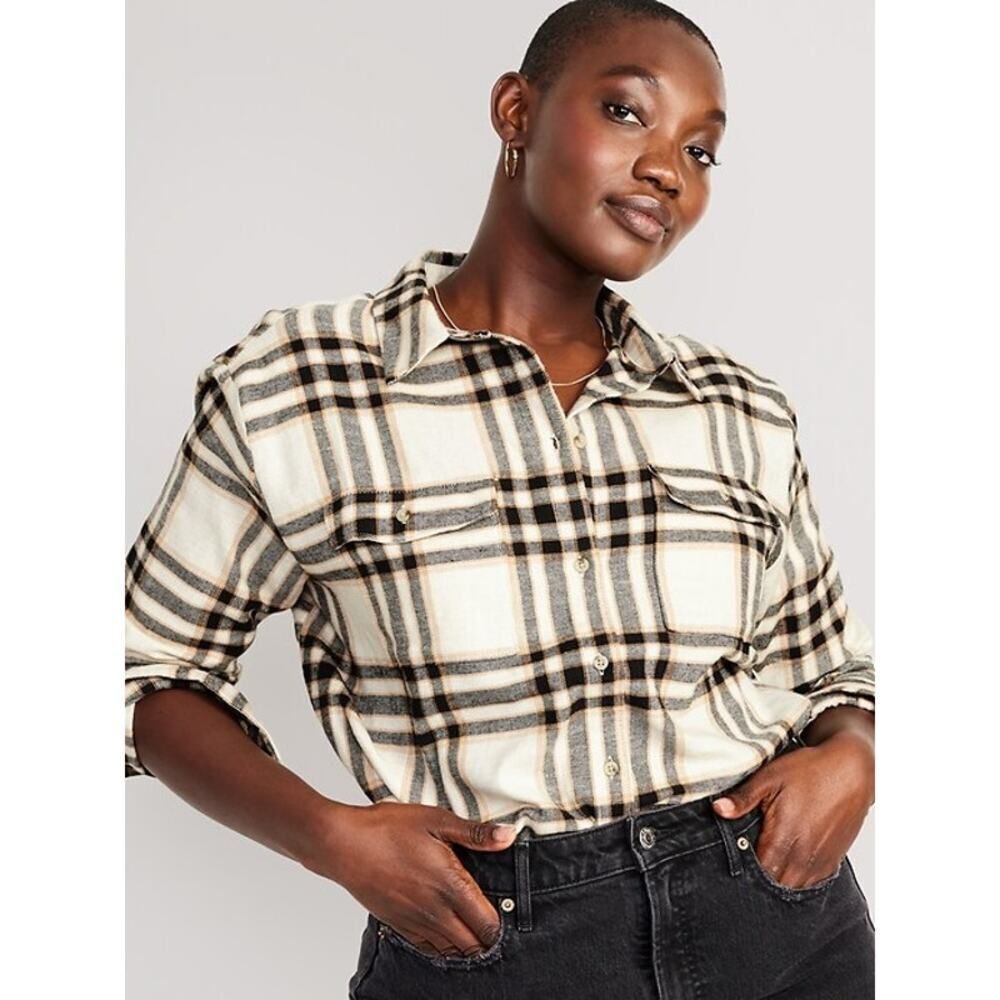 Old Navy XXL Plaid Flannel Shirt Beige Tan Gray Soft Grunge Fall Layering